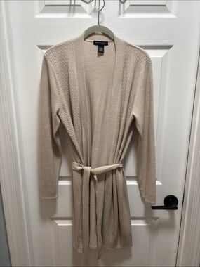 Lightweight Cream Knit Belted sweater cardigan - Women's Cozy Open Front-flaws